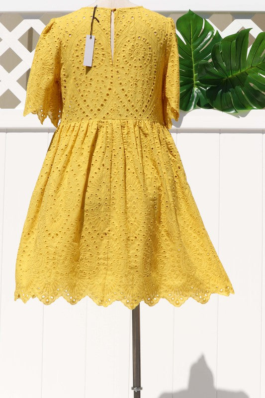 Grace Eyelet Mini Dress-Mustard