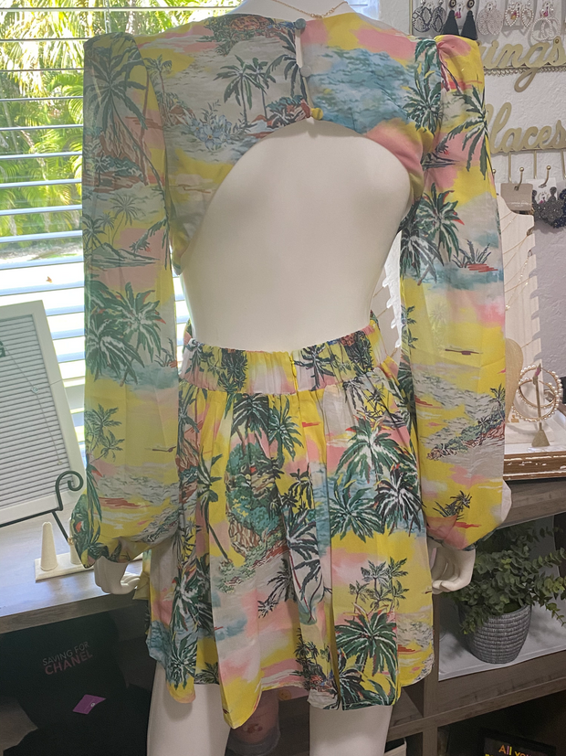 Heather tropical dress with open sides and back