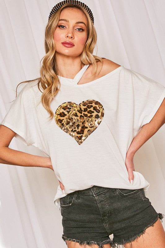 Valentina Animal & sequin heart patch knit top