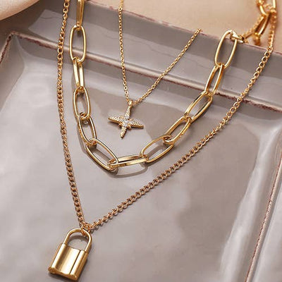 Sahsha Gold Chain Lock Necklace Set
