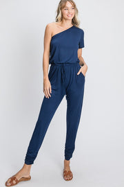 Martha one shoulder solid jumpsuit with waist band and ruched