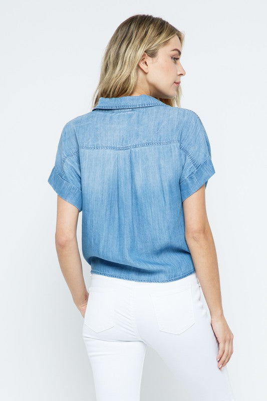 Becca button up chambray collared short sleeve tie front shirt