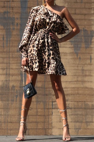 Nelsy leopard one shoulder woven mini dress with belt