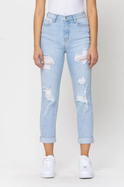 Elise high rise distress double roll cuff crop mom jeans skinny