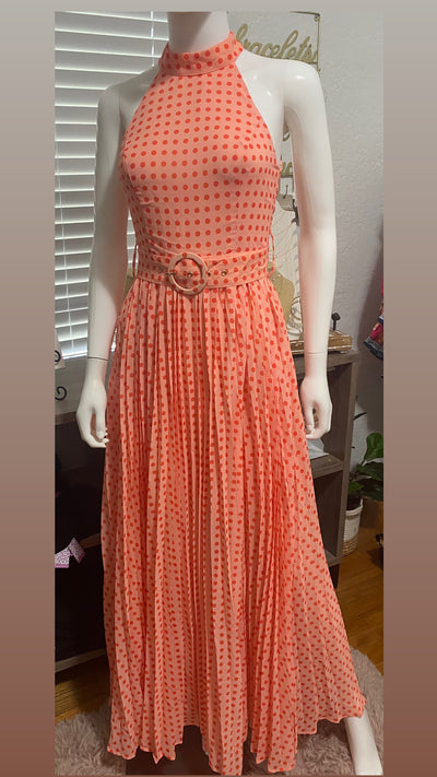 Corinne Orange polka dots maxi dress with belt