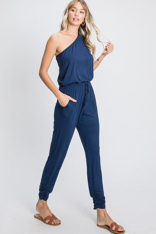 Martha one shoulder solid jumpsuit with waist band and ruched
