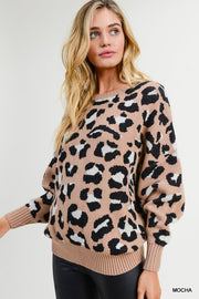 Lyndsey Leopard print knit sweater with long dolman sleeves and an open back.
