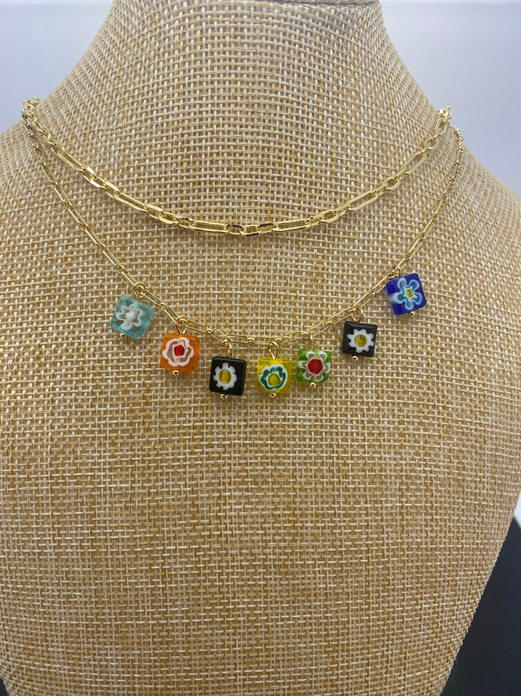 14” Necklace 2 layers gold chain with colorful beads